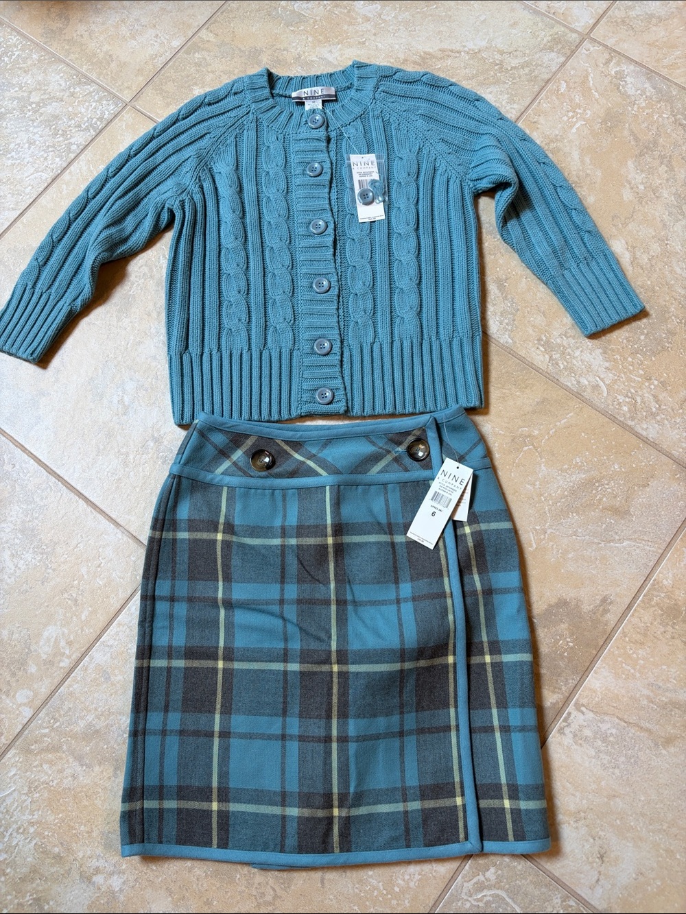 Nine & Co. Teal Cable-Knit Cardigan and Plaid Skirt Set